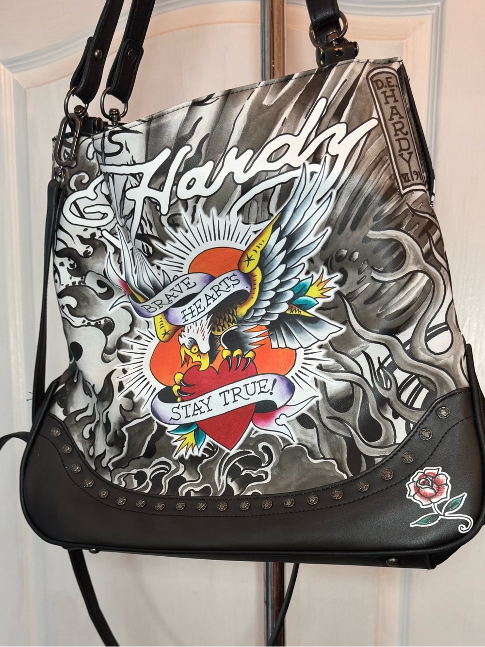 Ed Hardy Black Shoulder Bag with Multicolor Brave Hearts Graphic